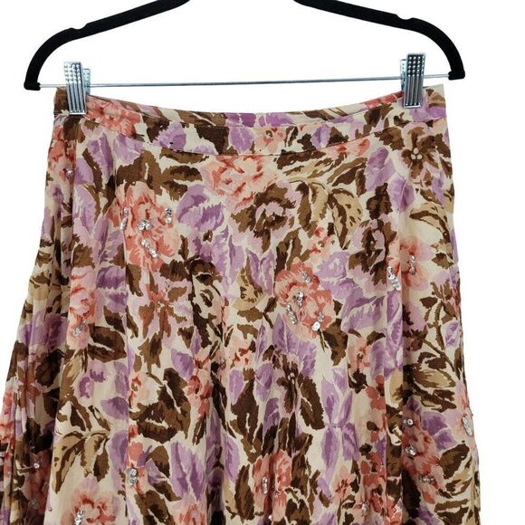 Y2K Floral Midi Skirt 8 Cotton Pink Brown Asymmetrical Sequin Details Boho India - Picture 9 of 15